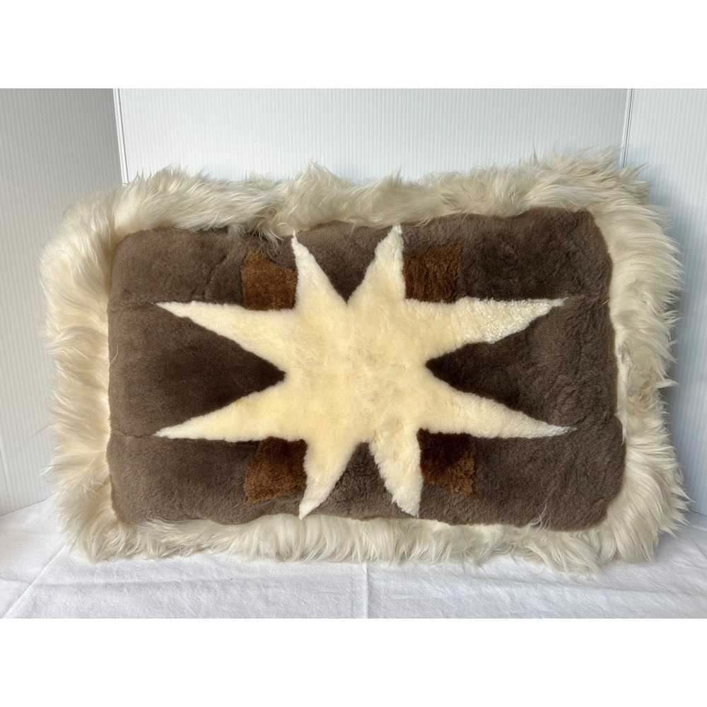 Unique Sheepskin Pillow Star Design Rustic Farmhouse Accent Decor